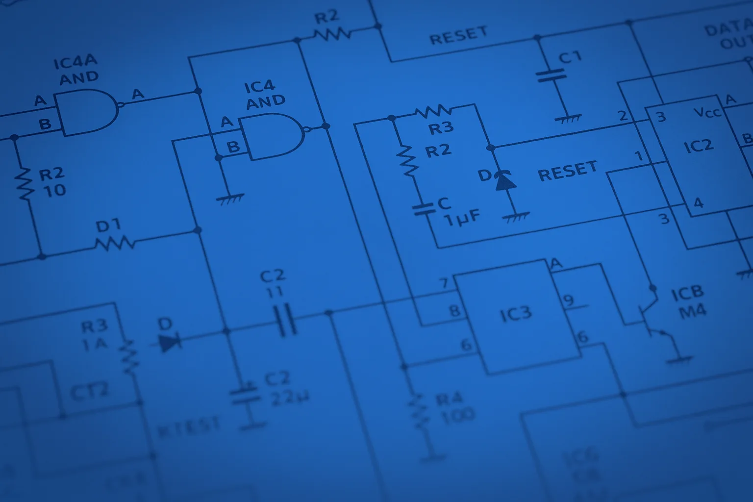 Esquema de un circuito electrónico con puertas lógicas y circuitos integrados