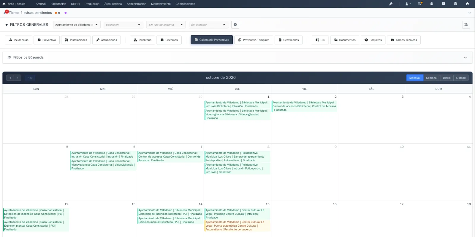 Calendario mensual de preventivos por edificio y sistema, con su estado: finalizado o pendiente de terceros