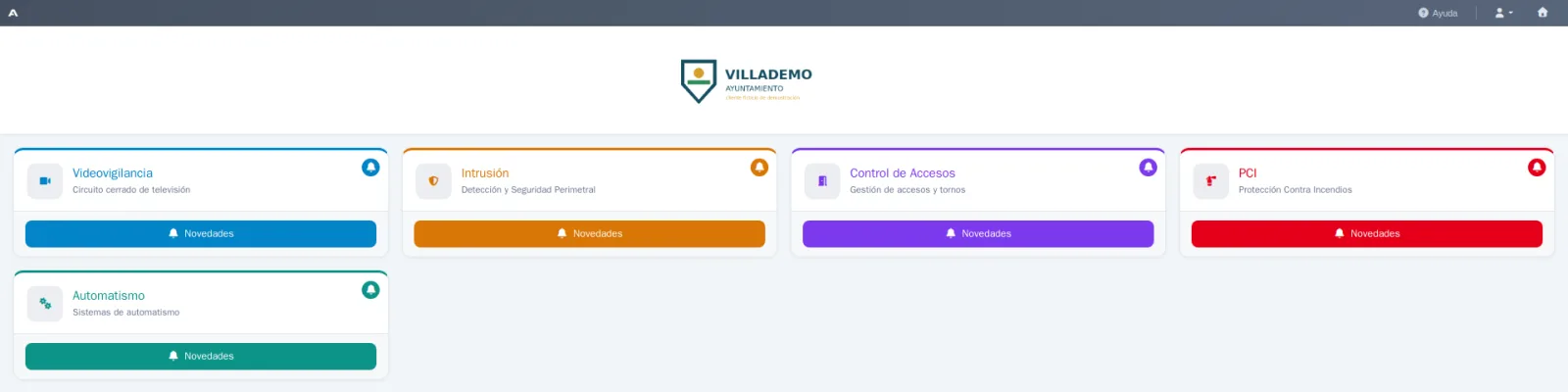Inicio del área de cliente: un acceso por sistema (videovigilancia, intrusión, control de accesos, PCI y automatismo) con sus novedades