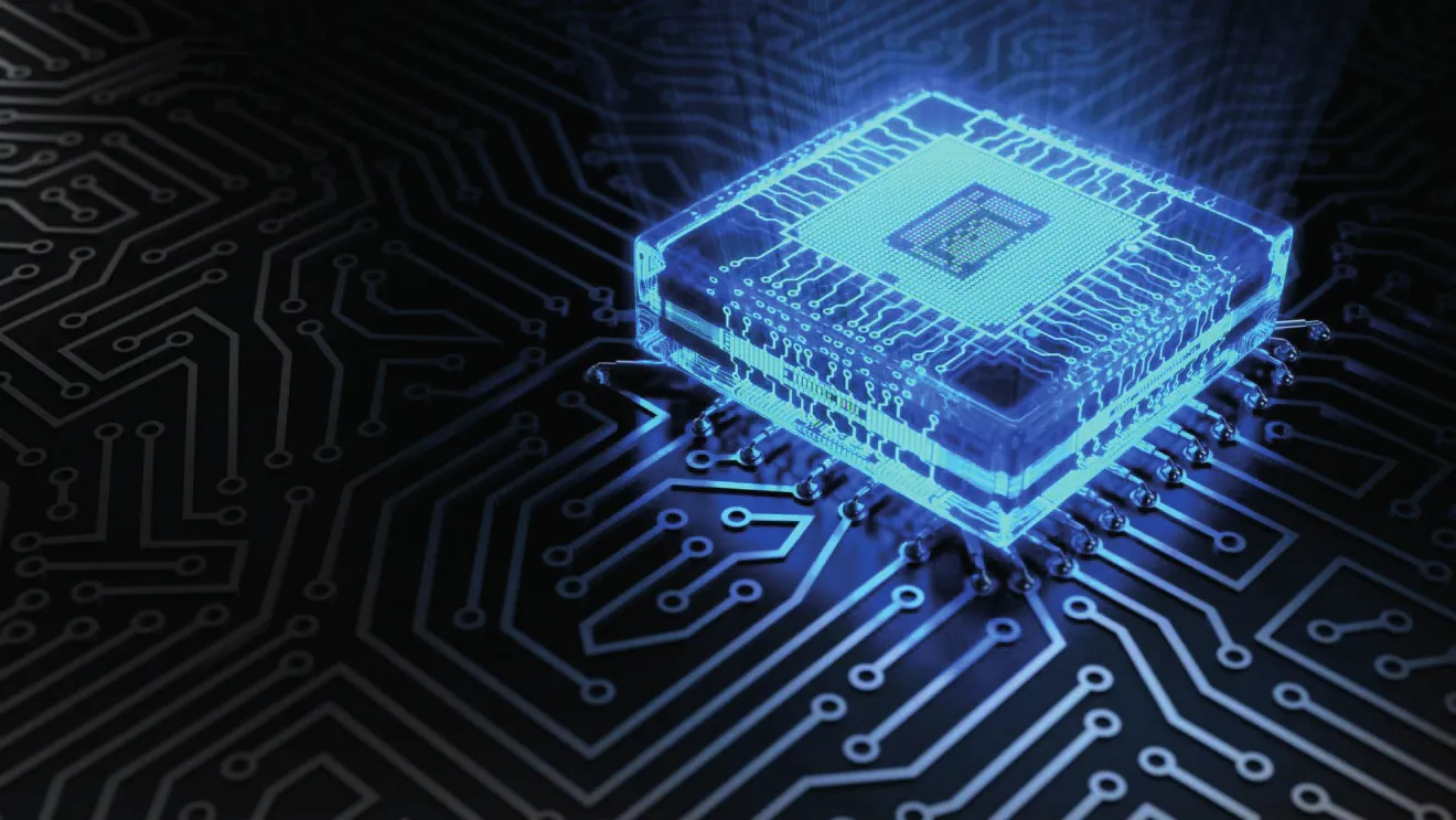 Microchip iluminado sobre un circuito electrónico