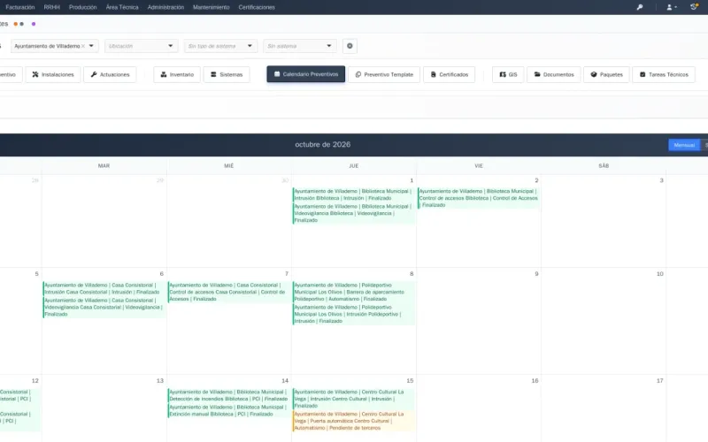 Calendario de preventivos del GMAO de ATISoluciones