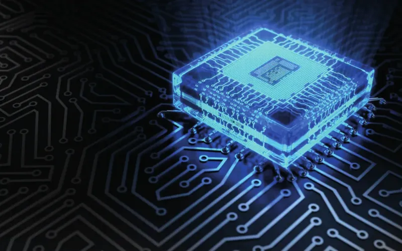 Microchip iluminado sobre un circuito electrónico