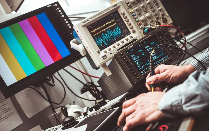 Técnico ajustando un equipo electrónico con el osciloscopio en el banco de pruebas