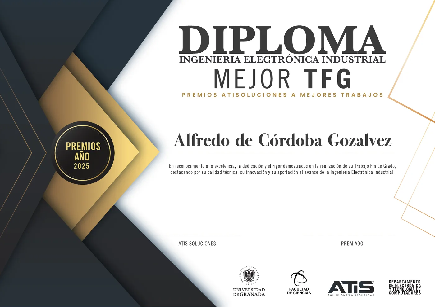 Diploma al mejor TFG 2025 de Alfredo de Córdoba Gozalvez