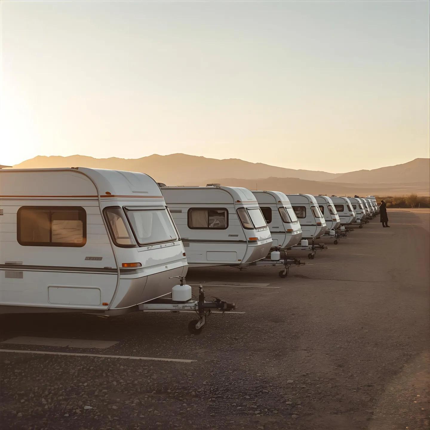 Fila de caravanas aparcadas en un área al atardecer