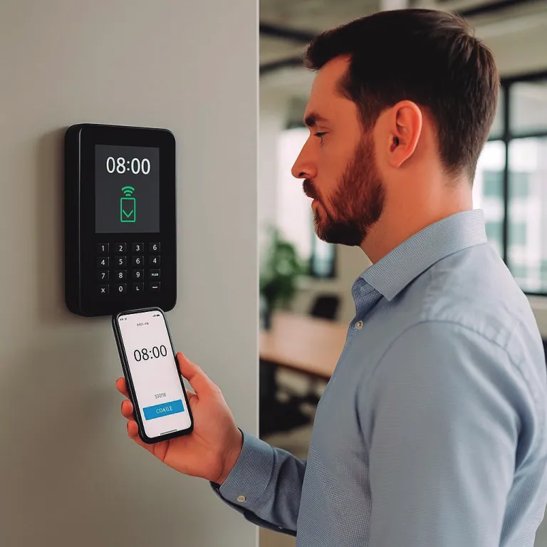 Empleado fichando con el móvil ante un terminal de control horario de pared